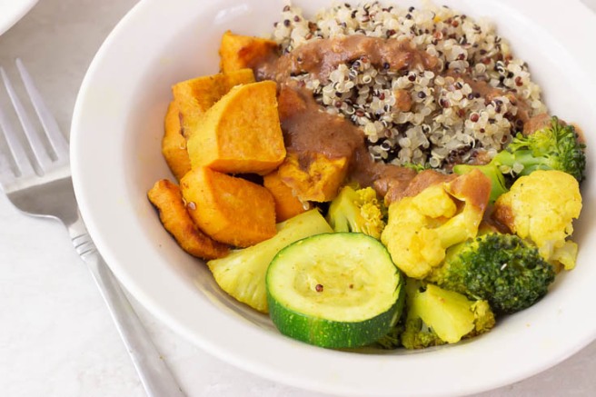 Roasted Veggie Quinoa Bowls with Spicy Almond Sauce